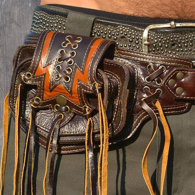 Large Leather Utility 2-Pouch Handmade Practical Tassel Waist Belt Bag