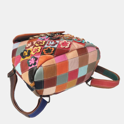 Genuine Leather Colorblock Floral Backpack Drawstring Purses