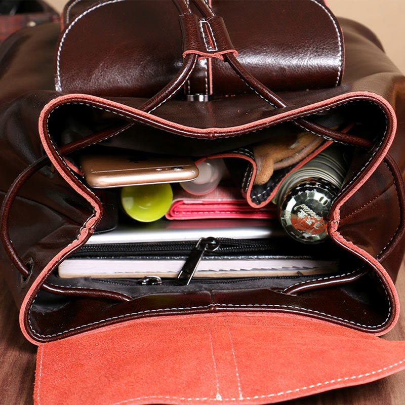 Classic Daypack For Women Outing Drawstring Clamshell Leather Backpack