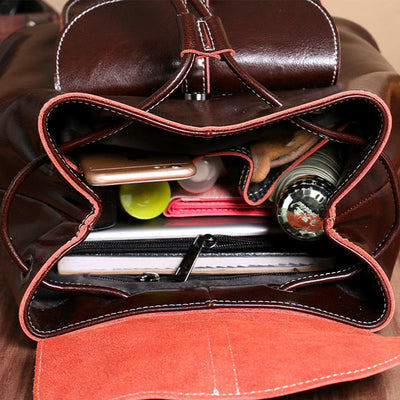 Classic Daypack For Women Outing Drawstring Clamshell Leather Backpack