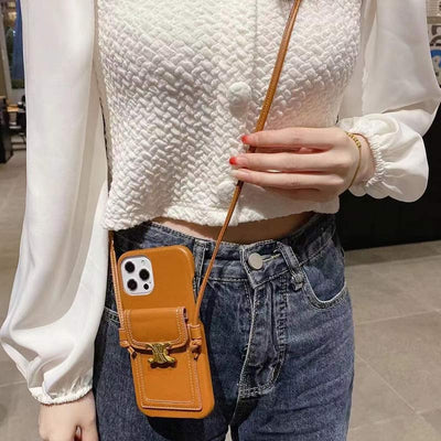 Vintage iPhone Card Holder Case Cell Phone Bag with Neck Strap