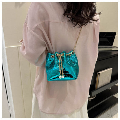 Evening Bag For Party Crocodile Pattern Sparkly Leather Bucket Bag