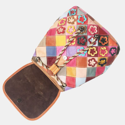 Genuine Leather Colorblock Floral Backpack Drawstring Purses