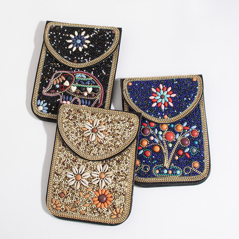 Bohemian Phone Bag Women Shell Flowers Pattern Magnetic Crossbody Bag