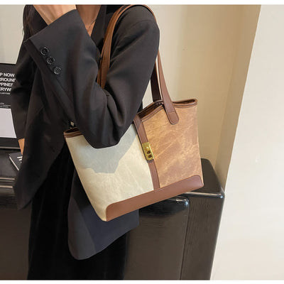 Elegant Color Matching Tote Large Leather Shoulder Purse For Women