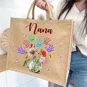 Personalized Handprint Name Jute Tote Bag Large Shopping Travel Beach Handbag