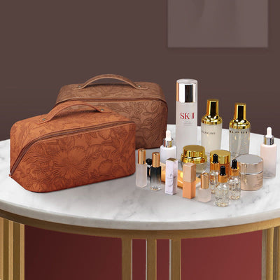 Cosmetic Bag For Women PU Leather Vintage Printing Travel Bag