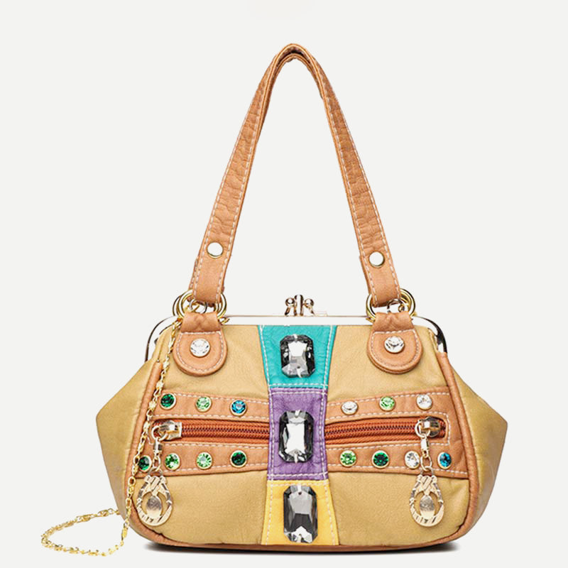 Retro Double Layer Kiss-Lock Shoulder Handbag Party Evening Purse with Crossbody Chain
