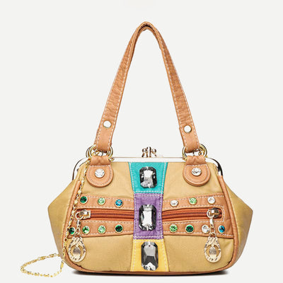 Retro Double Layer Kiss-Lock Shoulder Handbag Party Evening Purse with Crossbody Chain