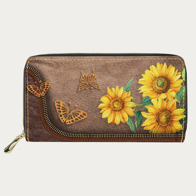 PU Leather Wallet For Women Butterfly Sunflower Pattern Long Purse