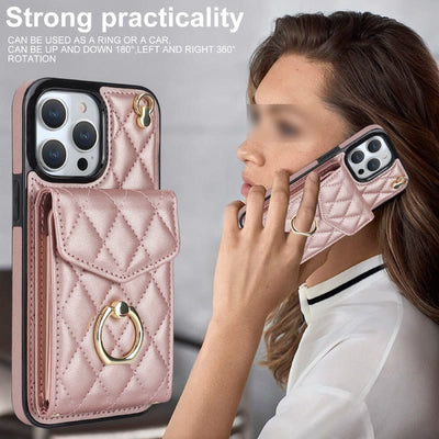 Phone Wallet Case For iPhone 14/15/16 Functional Quilted Crossbody Phone Case