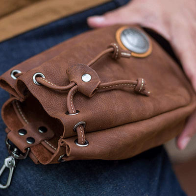 Retro Unisex Waist Pouch Small Drawstring Leather Belt Bag