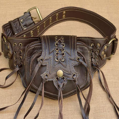 Large Leather Utility 2-Pouch Handmade Practical Tassel Waist Belt Bag