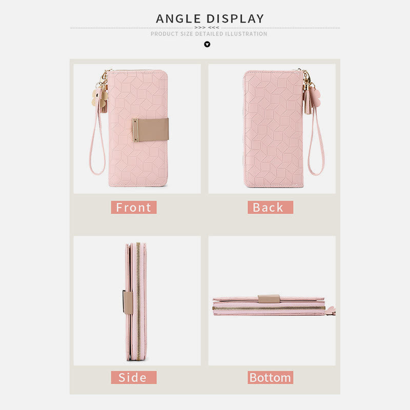 Square Plaid Money Clip Large Capacity Zipper Phone Wallet For Women