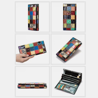 Genuine Leather Splicing Color Block Wallet Trifold Long Purse