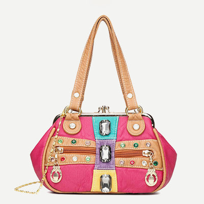 Retro Double Layer Kiss-Lock Shoulder Handbag Party Evening Purse with Crossbody Chain