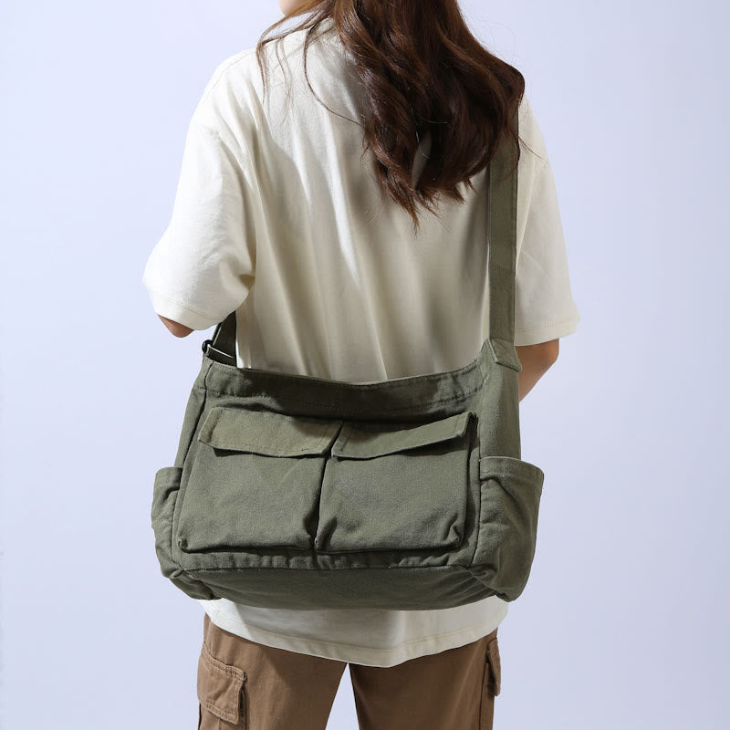 Multi-Pocket Canvas Crossbody Bag For Women Retro Lightweight Shoulder Bag