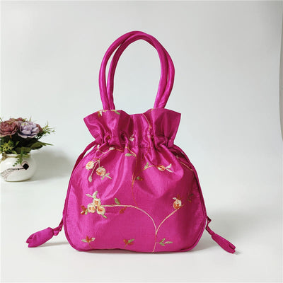 Embroidery Floral Clutch Drawstring Bucket Bag Handbag Party Bag