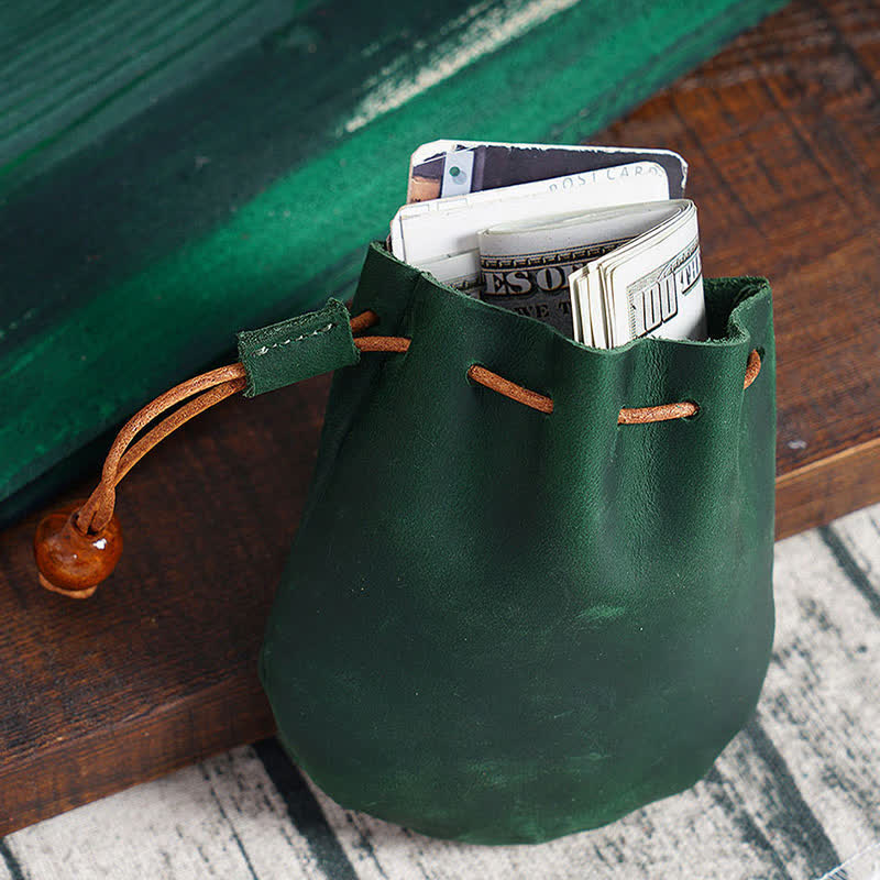 Leather Drawstring Pouch Retro Coin Purse Wallet for Women Men