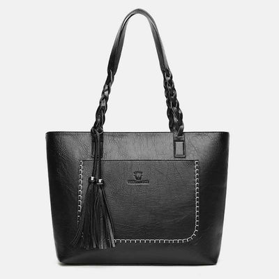 Large Capacity Business Office Handbag Women's Soft PU Tassel Tote Shoulder Bag