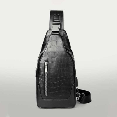 Crocodile Grain Leather Sling Backpack Shoulder Bag for Men Travel Daypack