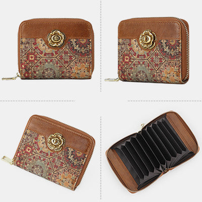 RFID Multi-Slot Genuine Leather Vintage Printing Short Wallet Card Holder