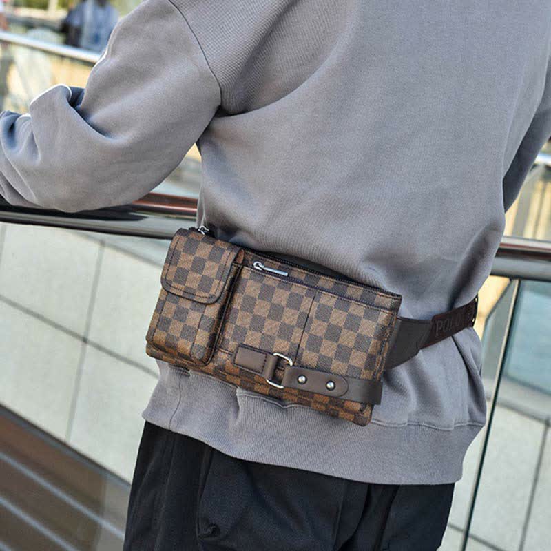 Waist Bag for Men Leather Plaid Travel Sling Bag Chest Bag
