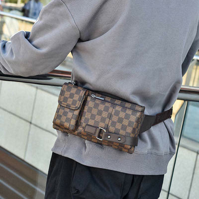 Waist Bag for Men Leather Plaid Travel Sling Bag Chest Bag