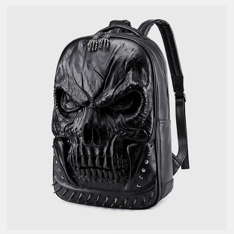 3D Skull Punk Rivet Leather Backpack Waterproof Embossed Ghost Head Knapsack