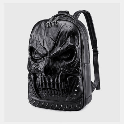 3D Skull Punk Rivet Leather Backpack Waterproof Embossed Ghost Head Knapsack