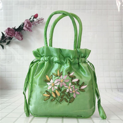 Embroidery Floral Clutch Drawstring Bucket Bag Handbag Party Bag
