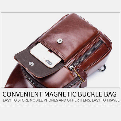 Genuine Leather Sling Chest Bag with Earphone Hole