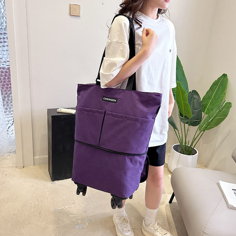 Supermarket Rolling Tote Detachable Foldable Wheels Shoulder Purse For Women