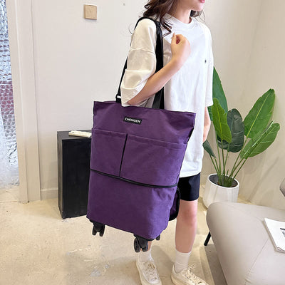 Supermarket Rolling Tote Detachable Foldable Wheels Shoulder Purse For Women