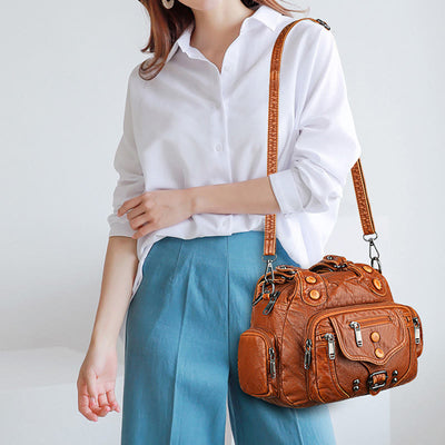 Large Shoulder Bag Women Double Compartment Leather Stitching Crossbody Purse