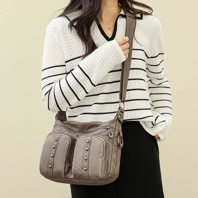 Mulit-Pocket Crossbody Purse for Women Retro Rivets Leather Shoulder Handbag