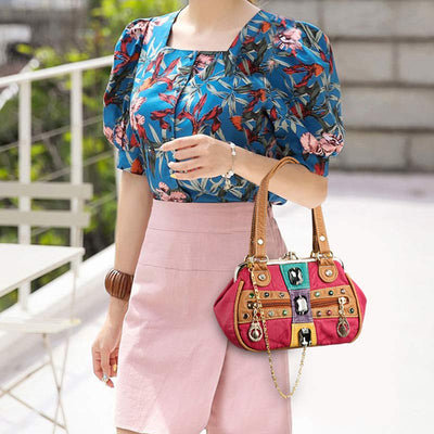 Retro Double Layer Kiss-Lock Shoulder Handbag Party Evening Purse with Crossbody Chain