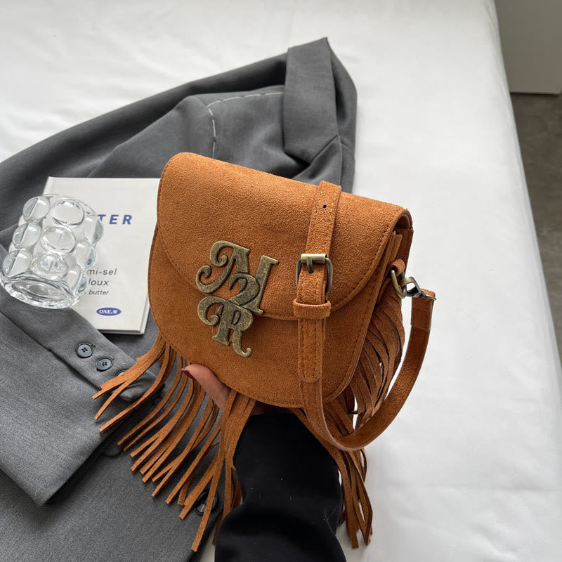 Women Autumn Flannelette Bag Retro Letter Buckle Crossbody Tassel Bag