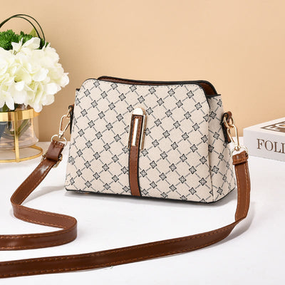 Triple Compartment Plaid Satchel Women Leather Chic Crossbody Bag