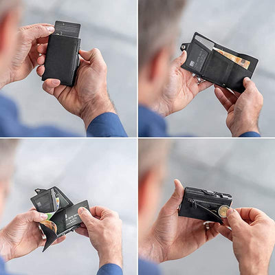 Minimalist Real Leather Wallet Trifold Pop Up Card Holder with RFID Blocking
