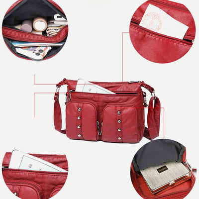 Mulit-Pocket Crossbody Purse for Women Retro Rivets Leather Shoulder Handbag