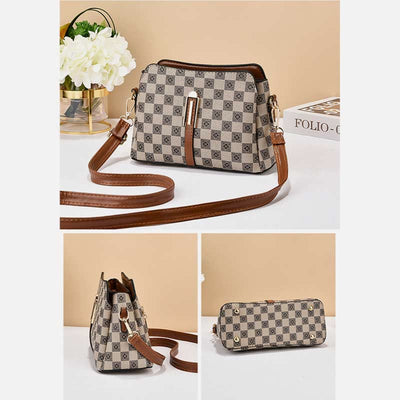 Triple Compartment Plaid Satchel Women Leather Chic Crossbody Bag