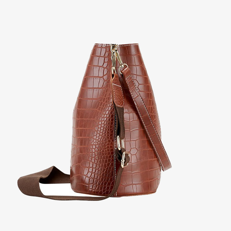 Crocodile Print Leather Cross Body Purse Single Shoulder Bucket Bag