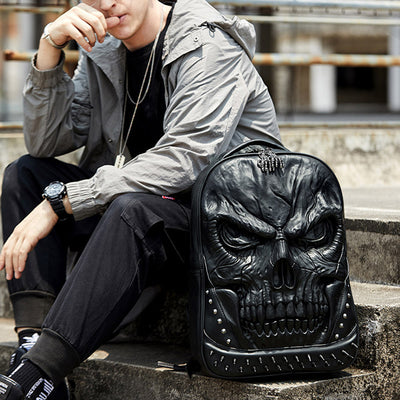 3D Skull Punk Rivet Leather Backpack Waterproof Embossed Ghost Head Knapsack