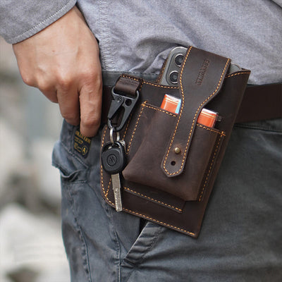 Vintage Outdoor Activity Genuine Leather Waist Phone Bag with Keychain