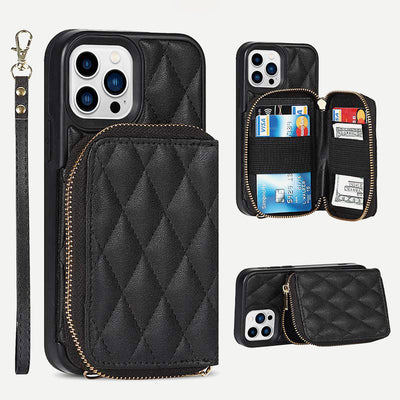 iPhone Phone Case Quilted Leather Wallet Case Card Holder with Crossbody Strap