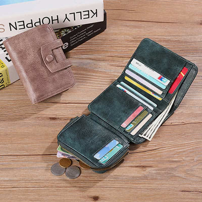 Women's Small Trifold Wallet Real Leather Retro Compact Pocket Wallet