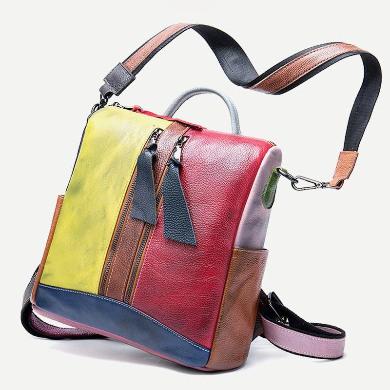 Women Backpack Purse Convertible Shoulder Bag Genuine Leather Colorblock Casual Daypack