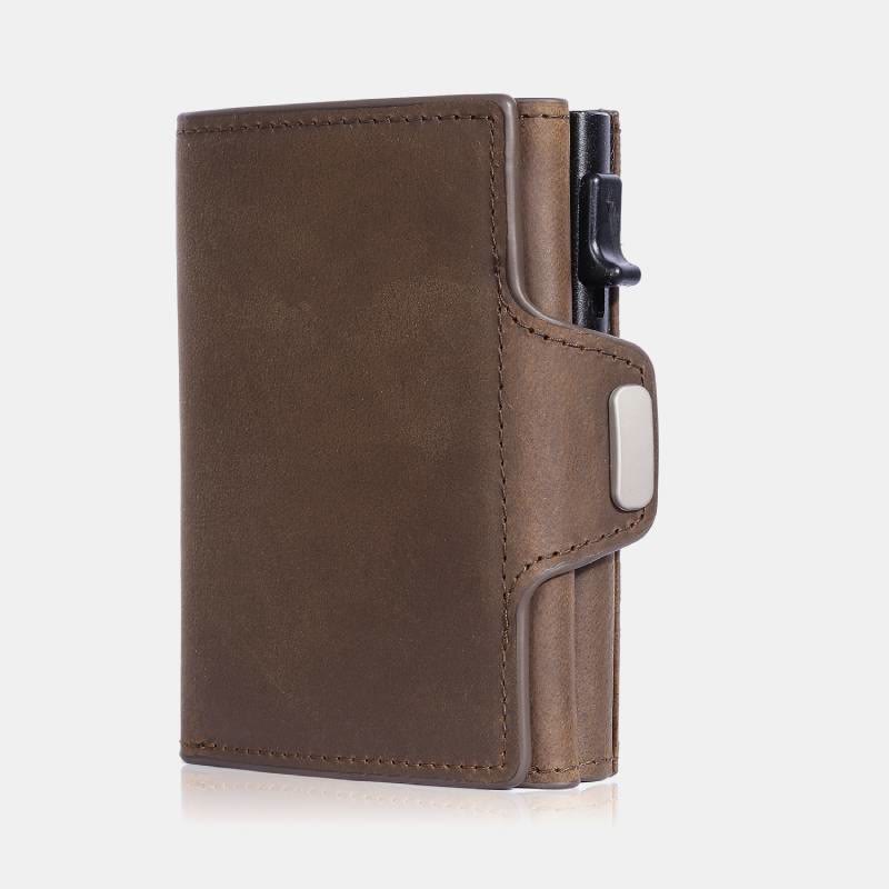 Minimalist Real Leather Wallet Trifold Pop Up Card Holder with RFID Blocking