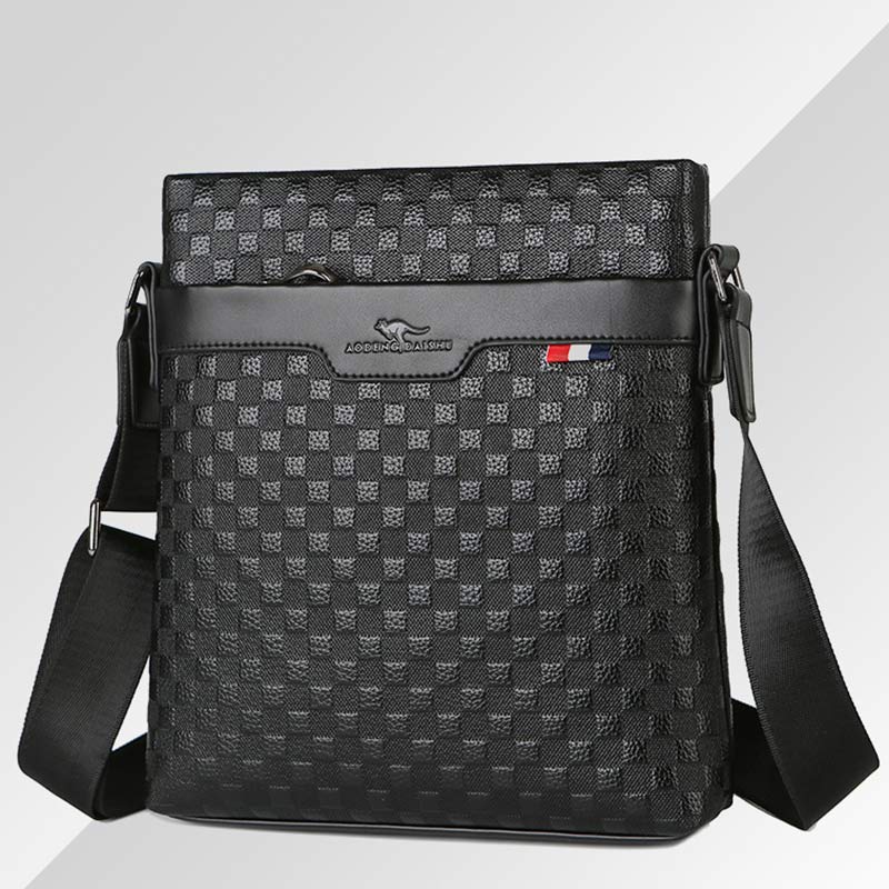 Genuine Leather Waterproof Messenger Bag for Men Plaid Crossbody Bag
